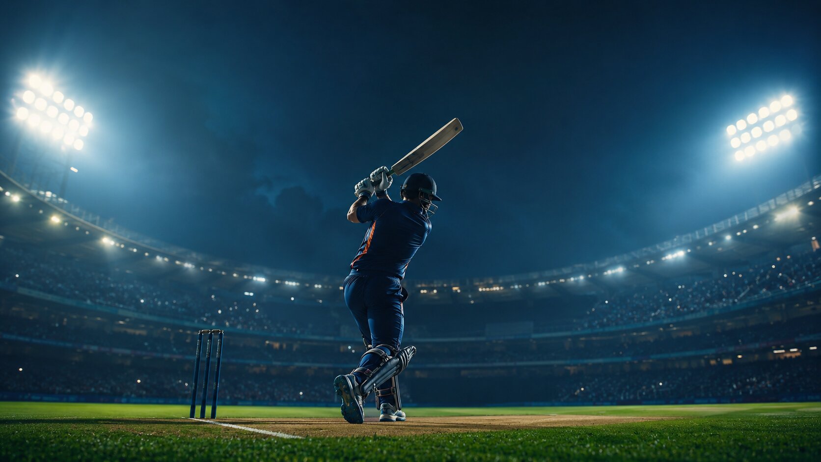 Floodlit cricket stadium with batsman ready to play under bright lights